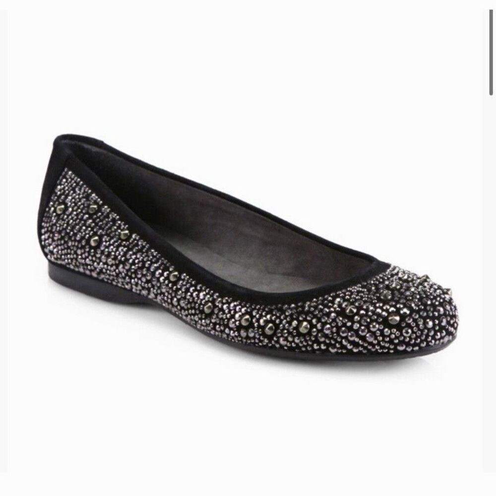 Stuart Weitzman Women's Black Ballet Flats Studded Nubead Beaded Round Toe